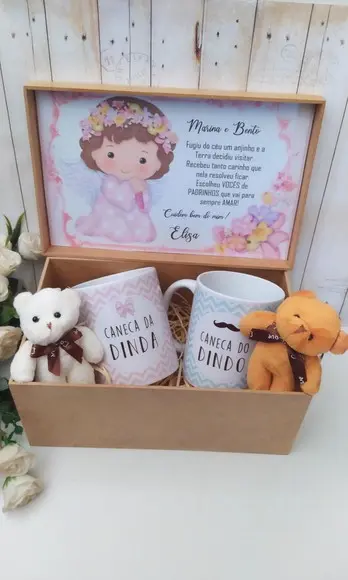 Caixa Convite Rústico Padrinhos Batism com Caneca e Ursinho