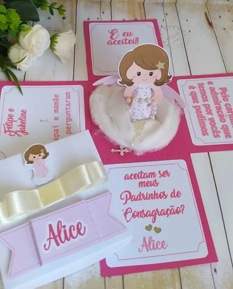 Caixa Explosão Convite Padrinhos De Batismo Com Anjo Menina