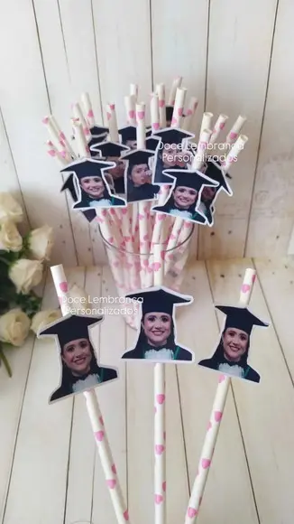 Canudo Personalizado Foto Rosto e Capelo Chapéu Formatura