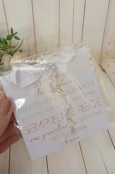 Card com Mini Terço Lembrancinha Batizado Eucaristia Crisma