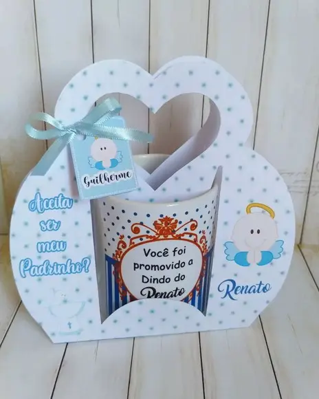 Convite Padrinhos Batismo caneca com suporte personalizado