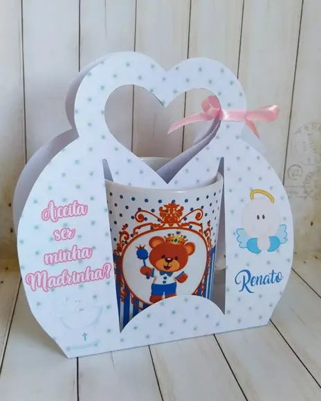 Convite Padrinhos Batismo caneca com suporte personalizado