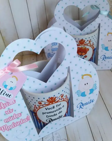 Convite Padrinhos Batismo caneca com suporte personalizado