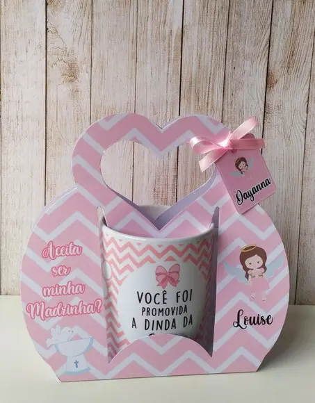 Convite Padrinhos Batismo caneca com suporte personalizado