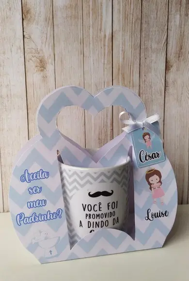 Convite Padrinhos Batismo caneca com suporte personalizado