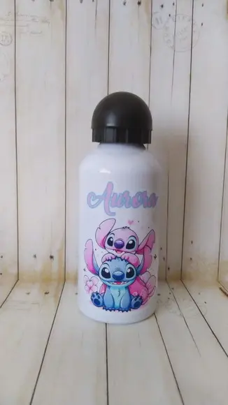 Garrafa Squeeze Escolar Stitch e Angel Tampa Bolinha