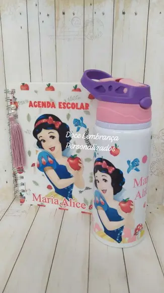 Kit Escolar Branca de Neve Garrafa Kids Agenda Personalizado