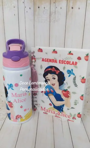 Kit Escolar Branca de Neve Garrafa Kids Agenda Personalizado