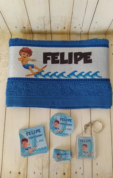 Kit Escolar Etiquetas e Toalhinha Surf Mar Praia