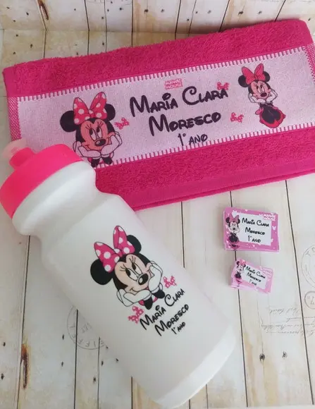 Kit Escolar Etiquetas, Toalhinha, Garrafa Minnie Rosa