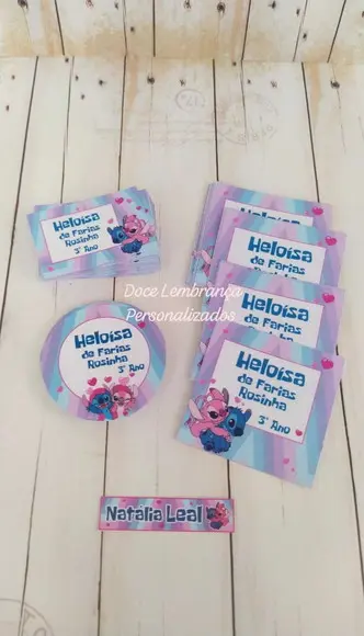 Kit Escolar Stitch e Angel Garrafa Kids Etiqueta, Chaveiro