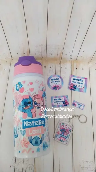 Kit Escolar Stitch e Angel Garrafa Kids Etiqueta, Chaveiro