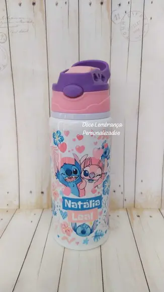 Kit Escolar Stitch e Angel Garrafa Kids Etiqueta, Chaveiro