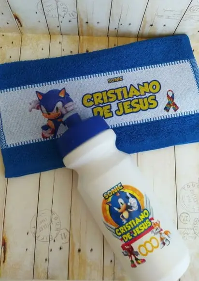 Kit Escolar Toalhinha, Garrafa Sonic (símbolo Autismo)