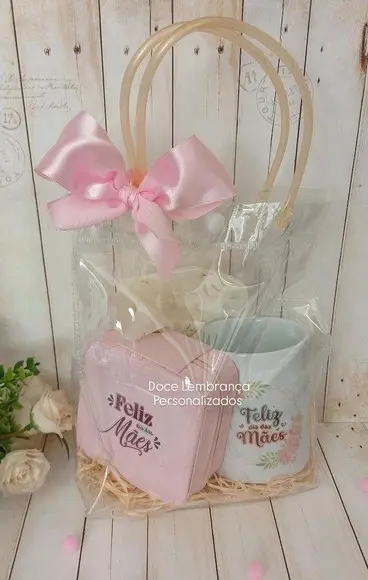 Kit Presente Dia das Mães Sacola Cristal Porta Joia e Caneca