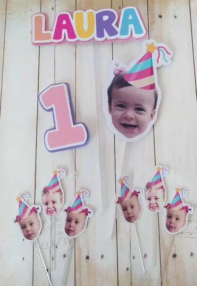 Kit Topper Bolo e Docinhos com Foto Carinha Aniversário Bebê