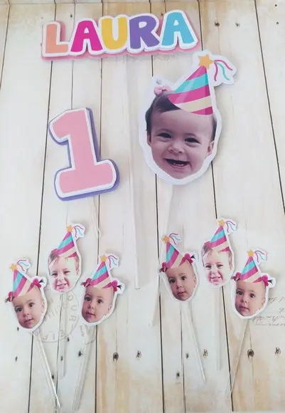 Kit Topper Bolo e Docinhos com Foto Carinha Aniversário Bebê