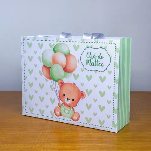 Sacolinha Personalizada Urso Verde Chá de Bebê Aniversário
