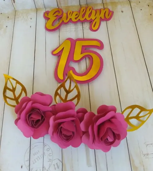 Topper 15 Anos Flores de Papel 3d