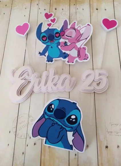 Topper de Bolo 3d Stitch e Angel