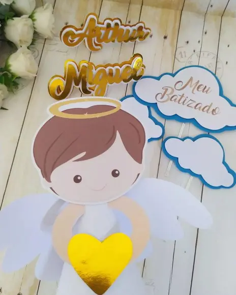 Topper de Bolo Batizado Menino 3d Personalizado