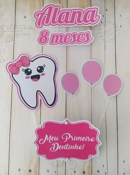 Topper de Bolo Meu Primeiro Dentinho Mesversário Bebê Menina