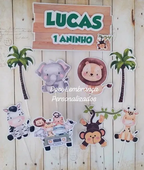 Topper de Bolo Safari Baby Menino Aniversário Infantil