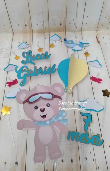 Topper de Bolo Urso Baloeiro Mêsversario Aniversário