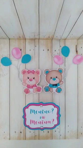 Topper para Bolo Chá Revelação Urso e Balões Personalizado