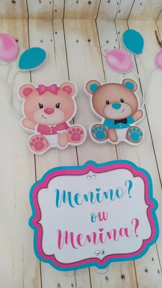 Topper para Bolo Chá Revelação Urso e Balões Personalizado