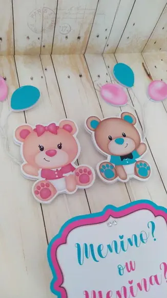 Topper para Bolo Chá Revelação Urso e Balões Personalizado
