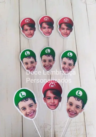 Topper para Docinhos com Foto e Carinha Mario Bros e Luigi