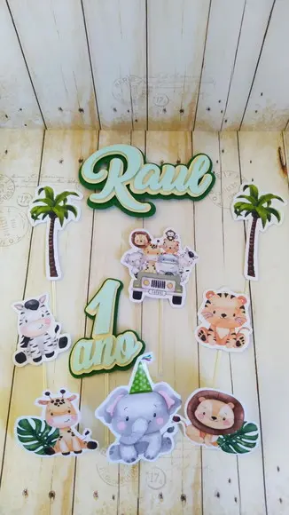 Topper de bolo Safari Menino 3d Personalizado aniversario, mesver
