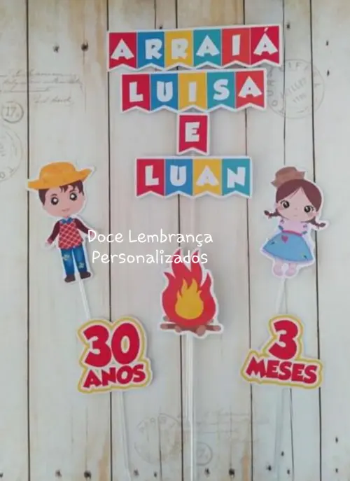 Topper de Bolo Festa Junina/arraiá Mesversario aniversário Pai e filha