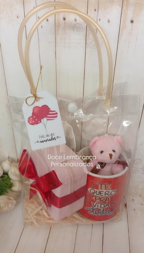 Kit Presente Dia dos Namorados Sacola Cristal Porta Joia e Caneca