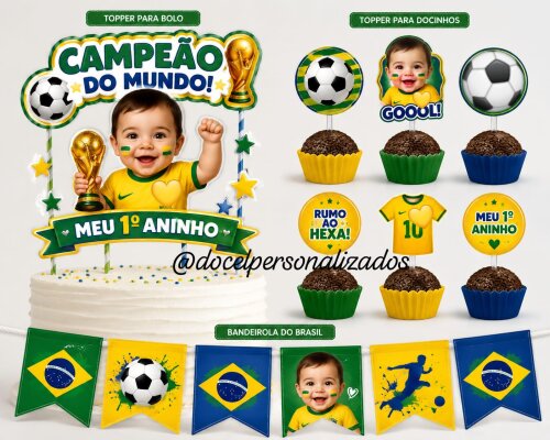 Kit festa só um bolinho Copa do Mundo aniversário, mesversário,  com foto rostinho bebê decoração copa