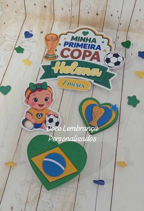 Topper de Bolo 3d Minha Primeira Copa do Mundo Brasil mesversario