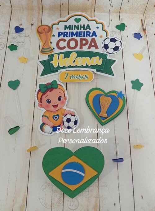 Topper de Bolo 3d Minha Primeira Copa do Mundo Brasil mesversario