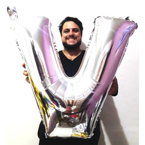 Balão GIGANTE Metalizado Prata Letra V Pronta Entrega