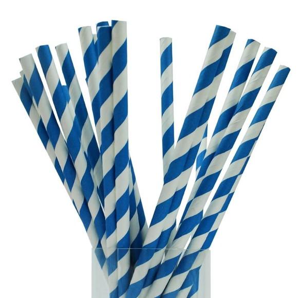 Canudo Papel Listrado Azul c/ 100 Unidades Bwb 19,9 x 5,5 cm