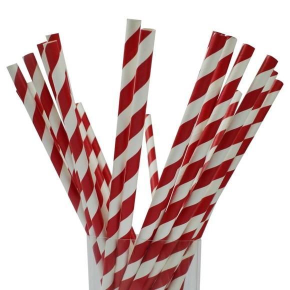 Canudo Papel Listrado Vermelho c/ 100 Unidades 19,9 x 5,5 cm