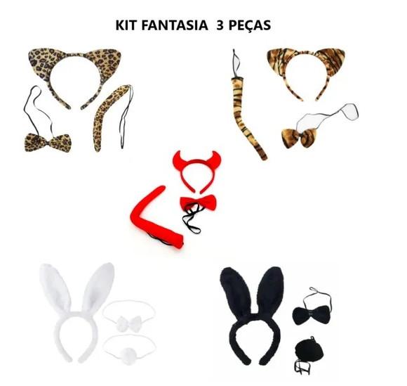 Kit 3 Pçs Animais Tiara Gravata Rabo Oncinha Coelho Carnaval