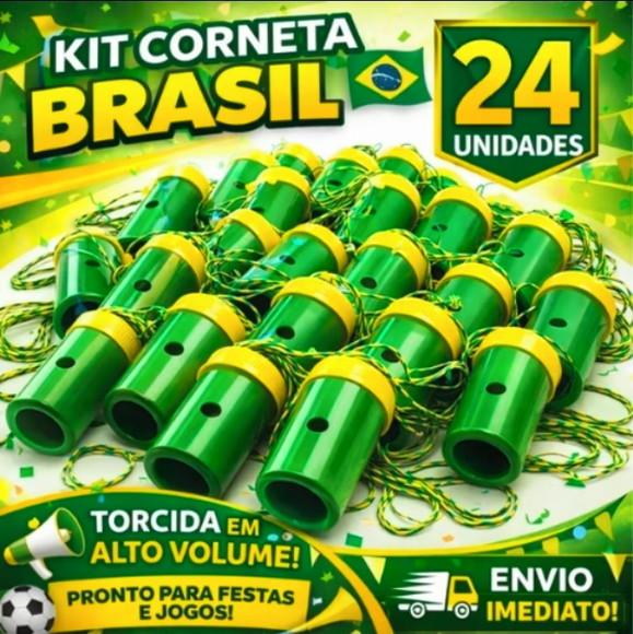 Kit 75 Corneta Apito × 75 Bandeiras Brasil Copa