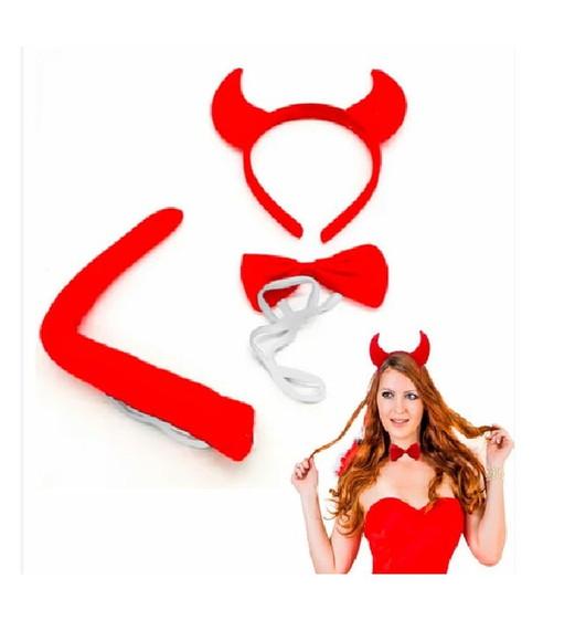 Kit Diabinha Chifre + Gravata + Rabinho Carnaval Fantasia
