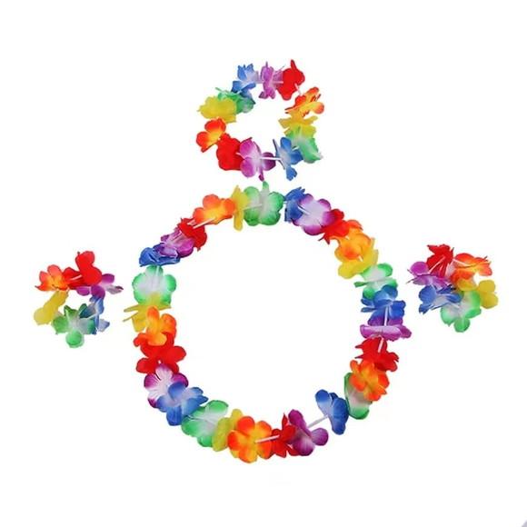 Kit Fantasia Havaiana Colar Coroa Pulseira Festas Carnaval