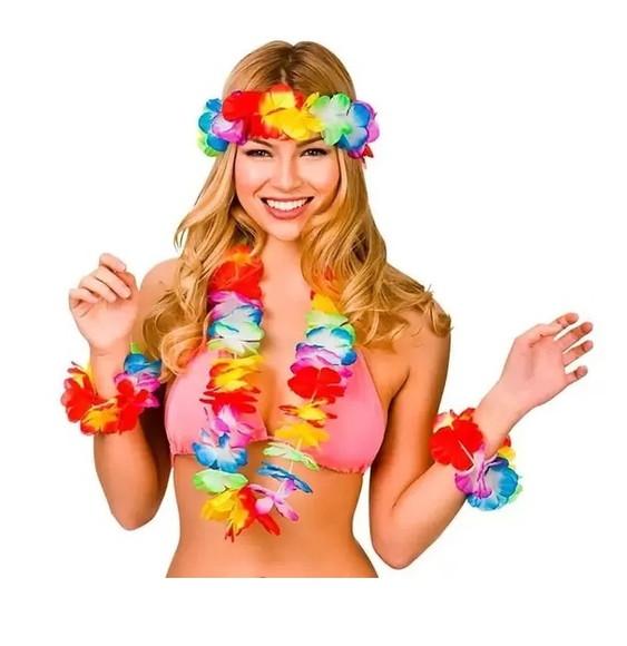 Kit Fantasia Havaiana Colar Coroa Pulseira Festas Carnaval