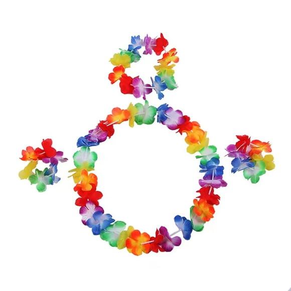 Kit Fantasia Havaiana Colar Coroa Pulseira Festas Carnaval