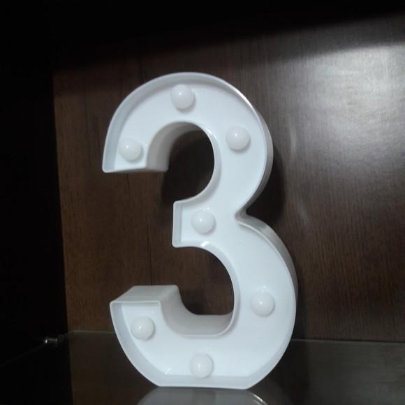 Luminária de LED Decoração Número 3 Branco 22 cm
