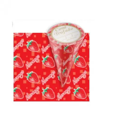 50 Embalagem p/ Cone Trufado Morango 15x10cm c/ Etiqueta