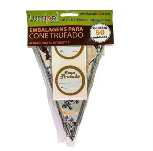 50 Embalagem p/ Cone Trufado Brigadeiro 15x10cm c/ Etiqueta